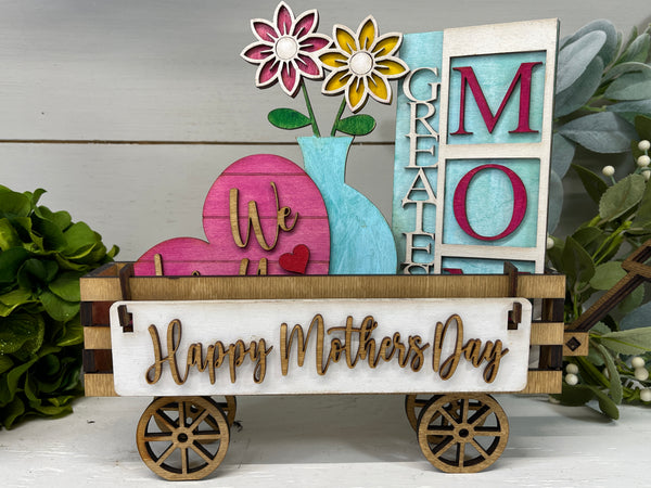 Happy Mother's Day Interchangeable Shelf Sitter, Wood Wagon, Raised Shelf, Wood Crate, Mantel Decor, Shelf Sitter, Gift For Mom, Home Decor