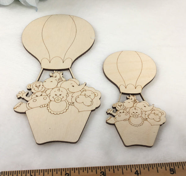 Baby & Baby Animals In Hot Air Balloon - Unfinished Wood Cutouts, Craft Projects, Cut Outs, Nursery Shower Gift, DIY, Paint Yourself