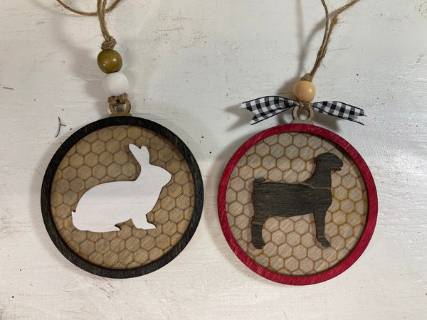 Farmhouse Christmas Ornaments Embellished, Farm Animal Ornaments, Cow, Steer, Heifer, Rooster, Chicken, Hen, Lamb, Goat, Rabbit, Pig