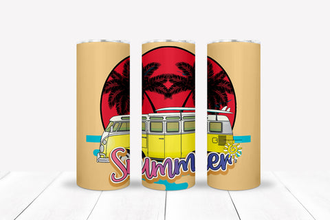 Beach themed "Summer" tumbler with retro van slim/skinny 20 oz stainless steel tumbler with clear lid