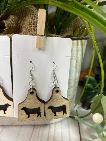 Livestock Ear Tag w/Steer Cut Out and Faux Leather Backing, Wood & Leather Earring, Livestock Show Earrings, Ranch Earrings, Ranch Jewlery