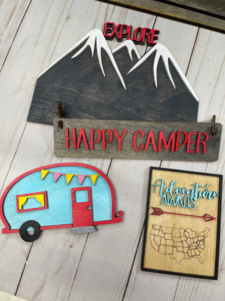 Happy Camper Interchangeable Shelf Sitter, RV Decor, Camping Decor, Wood Wagon, Tiered Shelf, Mantel Decor Decor, Shelf Sitter, Gnome Decor