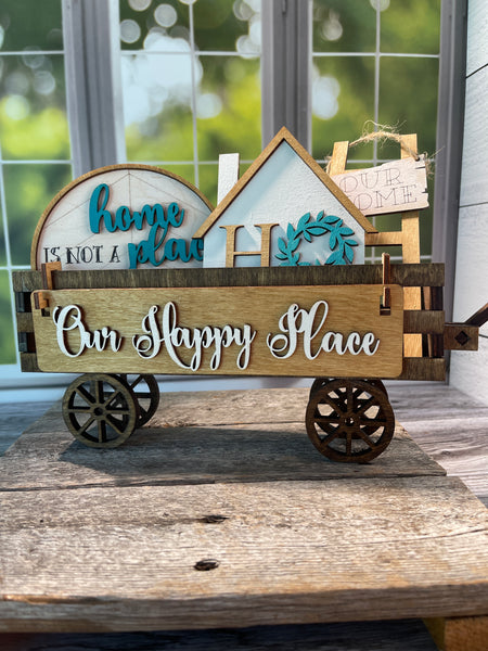 Our Happy Place, Home, Family Gift, Family Decor, Wood Wagon, Raised Shelf, Wood Crate, Mantel Decor, Shelf Sitter, Home Decor