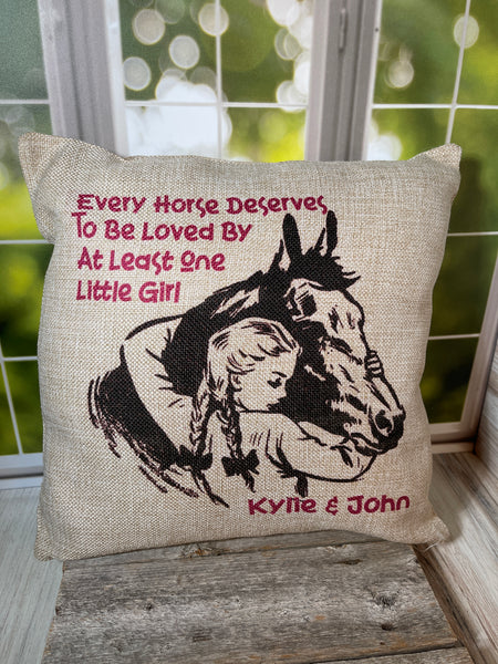 Personalized Horse Lover Faux Burlap Pillow Cover - Soft, 13"x13", Custom Name, Optional Insert, Great Gift for Horse Girls