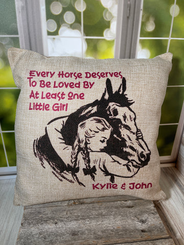 Personalized Horse Lover Faux Burlap Pillow Cover - Soft, 13"x13", Custom Name, Optional Insert, Great Gift for Horse Girls