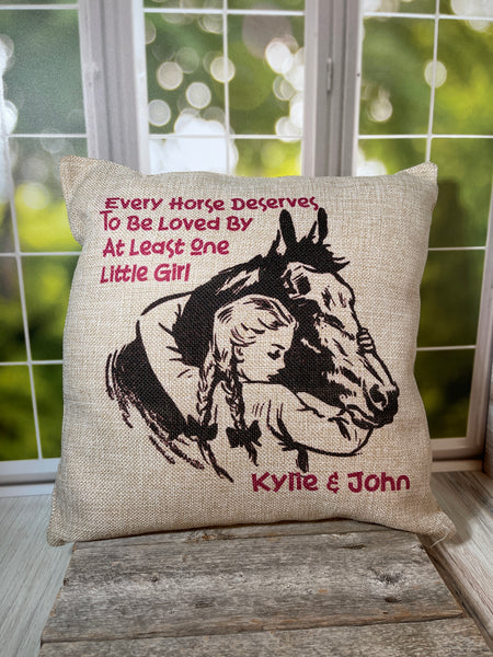 Personalized Horse Lover Faux Burlap Pillow Cover - Soft, 13"x13", Custom Name, Optional Insert, Great Gift for Horse Girls