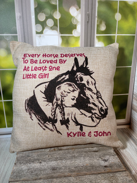 Personalized Horse Lover Faux Burlap Pillow Cover - Soft, 13"x13", Custom Name, Optional Insert, Great Gift for Horse Girls