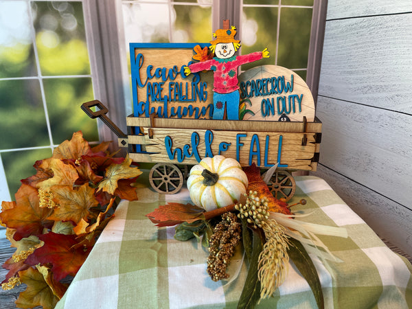 Hello Fall Scarecrow Interchangeable Shelf Sitter, Wood Wagon, Raised Shelf, Wood Crate, Mantel Decor, Shelf Sitter, Home Decor