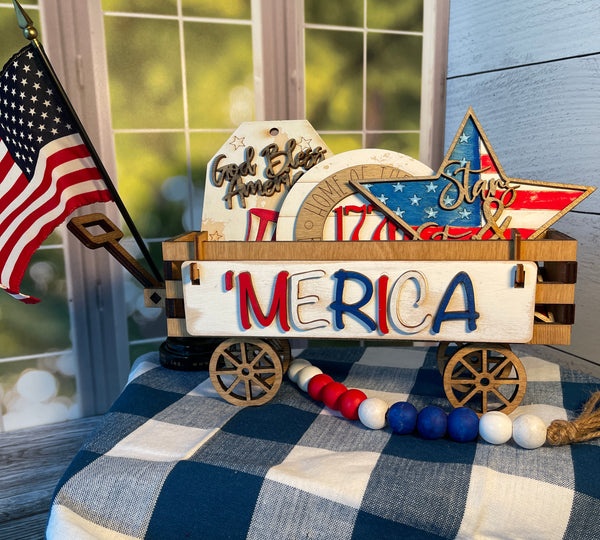 July 4th America Fourth of July Interchangeable Shelf Sitter, Wood Wagon Insert, Crate, Mantel Decor, Patriotic Decor, Americana, Seasonal
