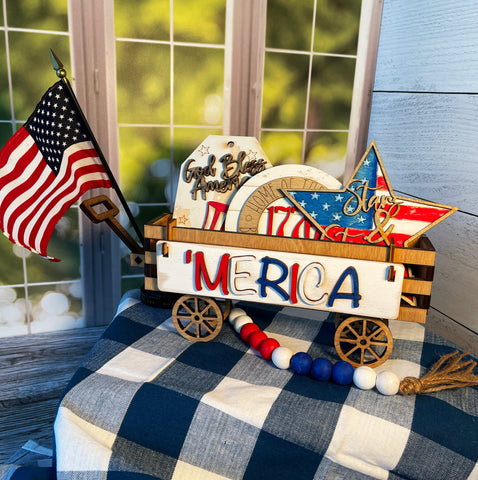 July 4th America Fourth of July Interchangeable Shelf Sitter, Wood Wagon Insert, Crate, Mantel Decor, Patriotic Decor, Americana, Seasonal