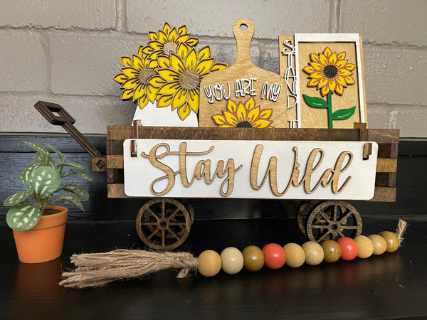 Stay Wild Sunflower Interchangeable Shelf Sitter, Wood Wagon, Raised Shelf, Summer, Mantel Decor, Shelf Sitter, Wagon Insert