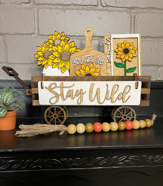Stay Wild Sunflower Interchangeable Shelf Sitter, Wood Wagon, Raised Shelf, Summer, Mantel Decor, Shelf Sitter, Wagon Insert