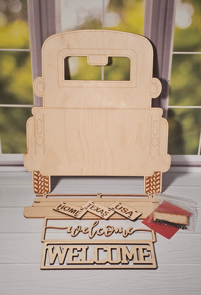 Unfinished Wood Vintage Truck Door Welcome Hanger W/12 Seasonal Interchangeable Inserts, DIY craft, girls night, paint painting party cutout