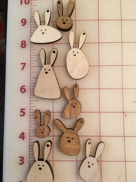 Lot of 12 - Little Wood Hares, Rabbits, Bunnies, Bunny Rabbit Ornaments, Embellishments, With or Without Holes - Stained or Unfinished
