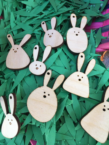 Lot of 12 - Little Wood Hares, Rabbits, Bunnies, Bunny Rabbit Ornaments, Embellishments, With or Without Holes - Stained or Unfinished