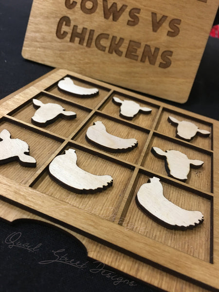 Handcrafted Wood Farm Tic Tac Toe Game - Cows VS Chickens - Classic Board Game - Kids of All Ages - Made In Texas - 6" X 6" With Lid