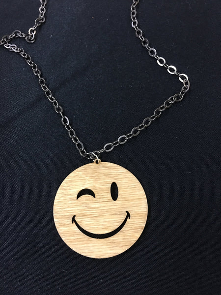 Wink Emoji - Happy Face - Wood Necklace - Handcrafted Laser Engraved 1/8" Thick Birch Wood With 24" Gunmetal Vintage Style Chain