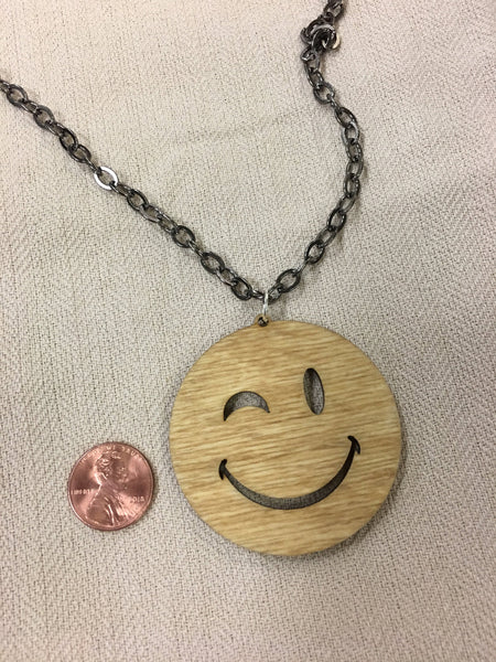 Wink Emoji - Happy Face - Wood Necklace - Handcrafted Laser Engraved 1/8" Thick Birch Wood With 24" Gunmetal Vintage Style Chain