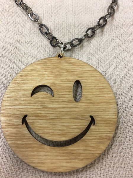 Wink Emoji - Happy Face - Wood Necklace - Handcrafted Laser Engraved 1/8" Thick Birch Wood With 24" Gunmetal Vintage Style Chain