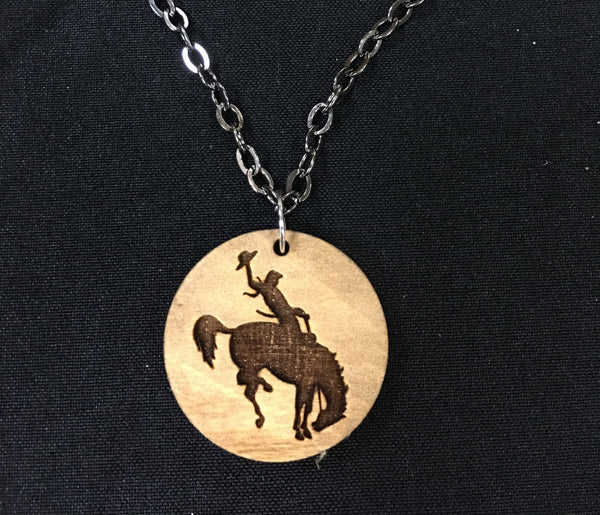 Saddle Bronc Rider Rodeo Western Cowboy Wood Necklace - Handcrafted Laser Engraved 1/4" Thick Birch Wood W/24" Gunmetal Vintage Style Chain