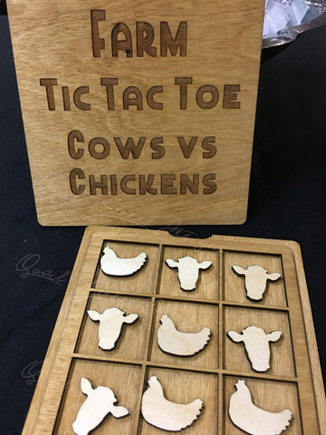 Handcrafted Wood Farm Tic Tac Toe Game - Cows VS Chickens - Classic Board Game - Kids of All Ages - Made In Texas - 6" X 6" With Lid