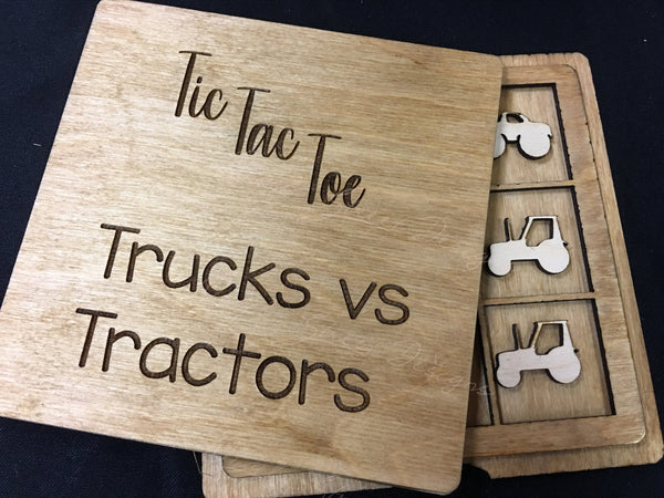 Handcrafted Wood Farm Tic Tac Toe Game - Trucks VS Tractors - Classic Board Game - Kids of All Ages - Made In Texas - 6" X 6" With Lid