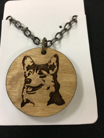Corgi Pembroke Dog Pet Head Wood Necklace - Handcrafted Laser Cut on 1/4" Thick Birch Wood With 24" Gunmetal Vintage Style Chain - Furbaby