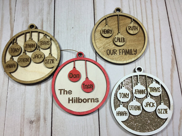 Family Ornaments Personalized For Christmas - 2 to 7 Names Available - Laser Cut Wood - You choose your finish - 4" tall