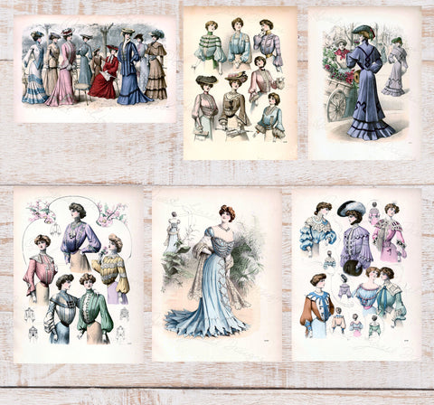 Vintage Ladies Women Fashion Prints - Dresses Gowns Victorian Clothes - Digital Download Only 6 Prints -Printable Transfers Crafts FP6-37-42