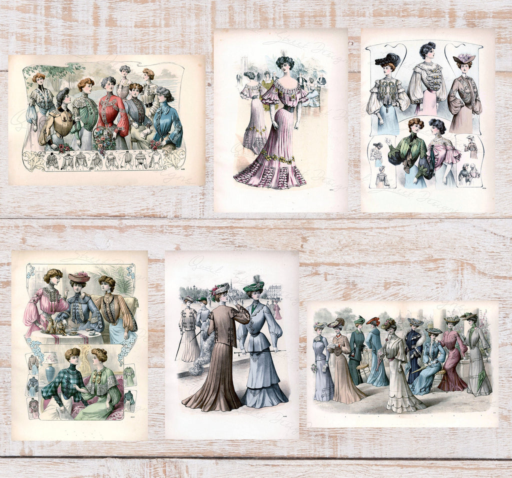 Vintage Ladies Women Fashion Prints - Dresses Gowns Victorian Clothes - Digital Download Only 6 Prints -Printable Transfers Crafts FP6-43-48