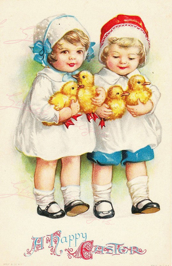 Vintage Easter Print - Reproduction from Vintage Easter Cards Toddlers Ducks - Download Only Printable Wall Art Crafts Sublimation & more #1