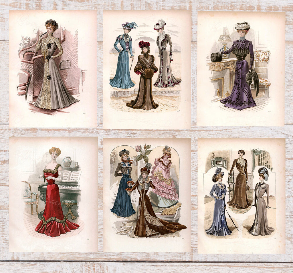 Vintage Ladies Women Fashion Prints - 6 Images - Dresses Gowns Victorian Clothing Digital Download Printable Art Transfers Crafts FP6-7-12