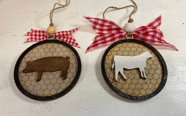 Farmhouse Christmas Ornaments Embellished, Farm Animal Ornaments, Cow, Steer, Heifer, Rooster, Chicken, Hen, Lamb, Goat, Rabbit, Pig