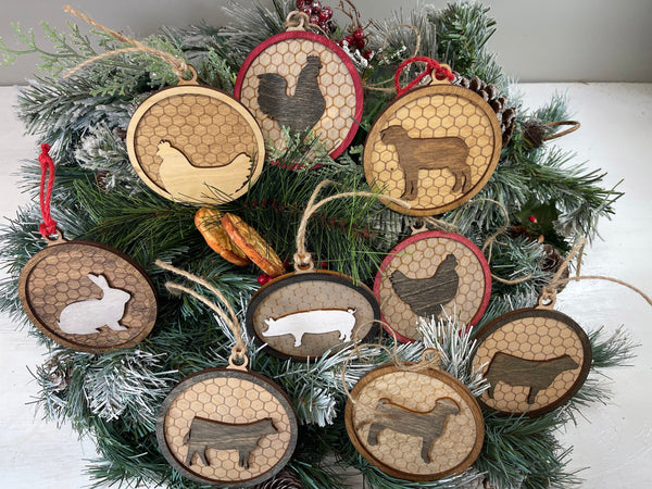 Farmhouse Ornaments, Farm Livestock Ornaments, Ornaments With Cow, Steer, Heifer, Rooster, Chicken, Hen, Lamb, Goat, Rabbit, Pig