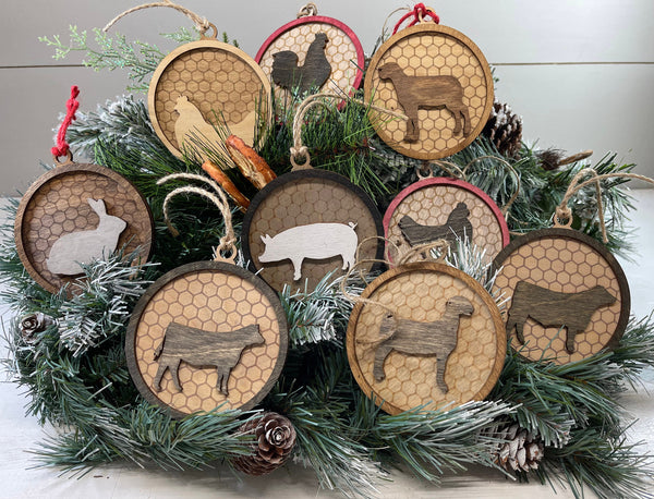 Farmhouse Christmas Ornaments, Farm Livestock Ornaments, Ornaments With Cow, Steer, Heifer, Rooster, Chicken, Hen, Lamb, Goat, Rabbit, Pig