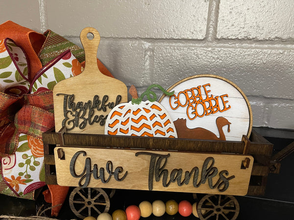 Give Thanks - Thanksgiving Interchangeable Wagon Shelf Sitter, Wood Wagon, Shelf Sitter, Mantel Decor, Seasonal Decor, Wood Home Decor