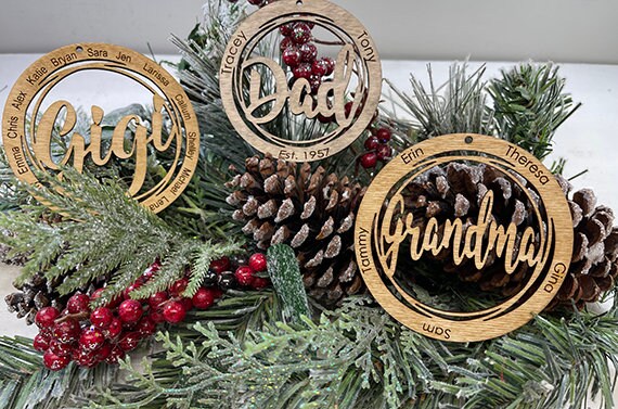 Personalized Family Wood Ornaments, Laser Cut Engraved, You Provide The Kids' Names, Gift for Mom Dad, Aunt Uncle, Grandma Grandpa