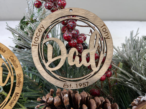 Personalized Family Wood Ornaments, Laser Cut Engraved, You Provide The Kids' Names, Gift for Mom Dad, Aunt Uncle, Grandma Grandpa