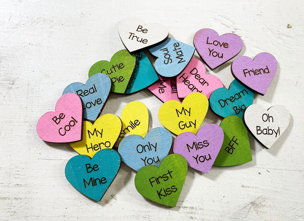 Valentine's Day, Valentines Candy Hearts, Valentine Conversation Hearts, Wood Cutout Hearts, Valentine Decor, Valentine Craft Supplies