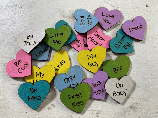 Valentine's Day, Valentines Candy Hearts, Valentine Conversation Hearts, Wood Cutout Hearts, Valentine Decor, Valentine Craft Supplies