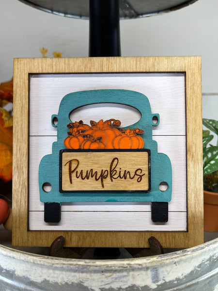 Framed Wood Vintage Pickup Truck For Fall, Pumpkin Truck, Fall Decor, Fall Truck, Vintage Truck, Shelf Sitter, Tiered Tray Decor, Miniature