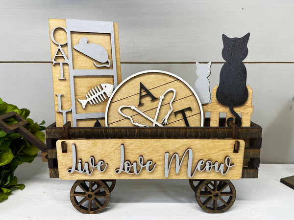 Live Love Meow Cat Interchangeable Shelf Sitter, Wood Wagon, Raised Shelf, Wood Crate, Mantel Decor, Shelf Sitter, Cat Lover, Home Decor