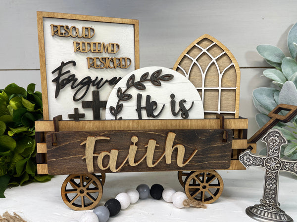Faith Christian Interchangeable Shelf Sitter, Wood Wagon, Raised Shelf, Wood Crate, Mantel Decor, Shelf Sitter, Easter, Church, Home Decor