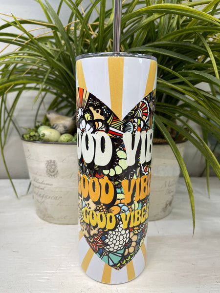 Retro Good Vibes Stainless Steel Skinny Tumbler, Groovy Hippie, Personalized Gift Gift for Friend, 20 oz tumbler