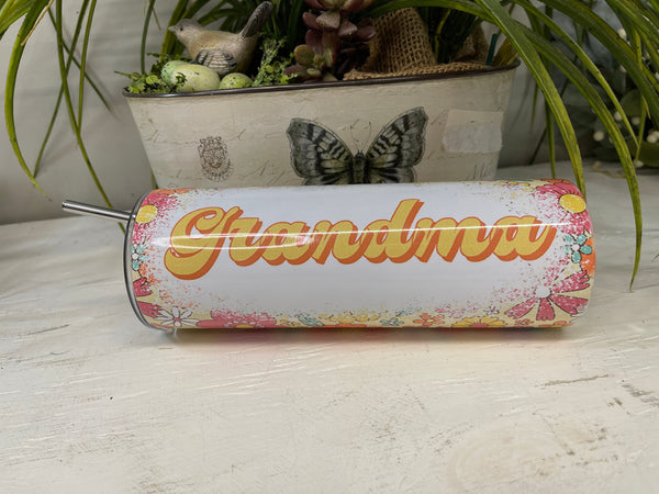 BoHo Grandma Floral Stainless Steel Skinny Tumbler, Personalized Gift for Grandma, 20 oz tumbler Grandma Gift