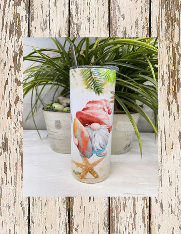 Summer beach traditional gnomes with sea shells slim/skinny 20 oz stainless steel tumbler with clear lid and stainless steel straw.