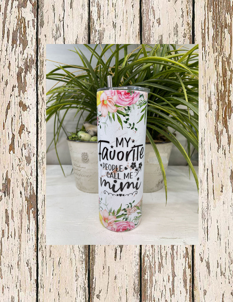 Personalized white marbled background with a floral boarder "My Favorite People Call Me..." slim/skinny 20 oz stainless steel tumbler with clear lid and stainless steel straw.