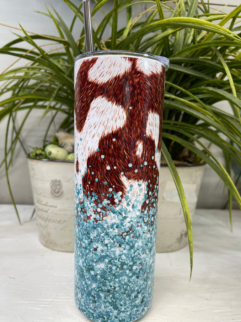 20oz Handle Epoxy Tumbler / Western / Turquoise, Copper, Cow print and  leather tooling