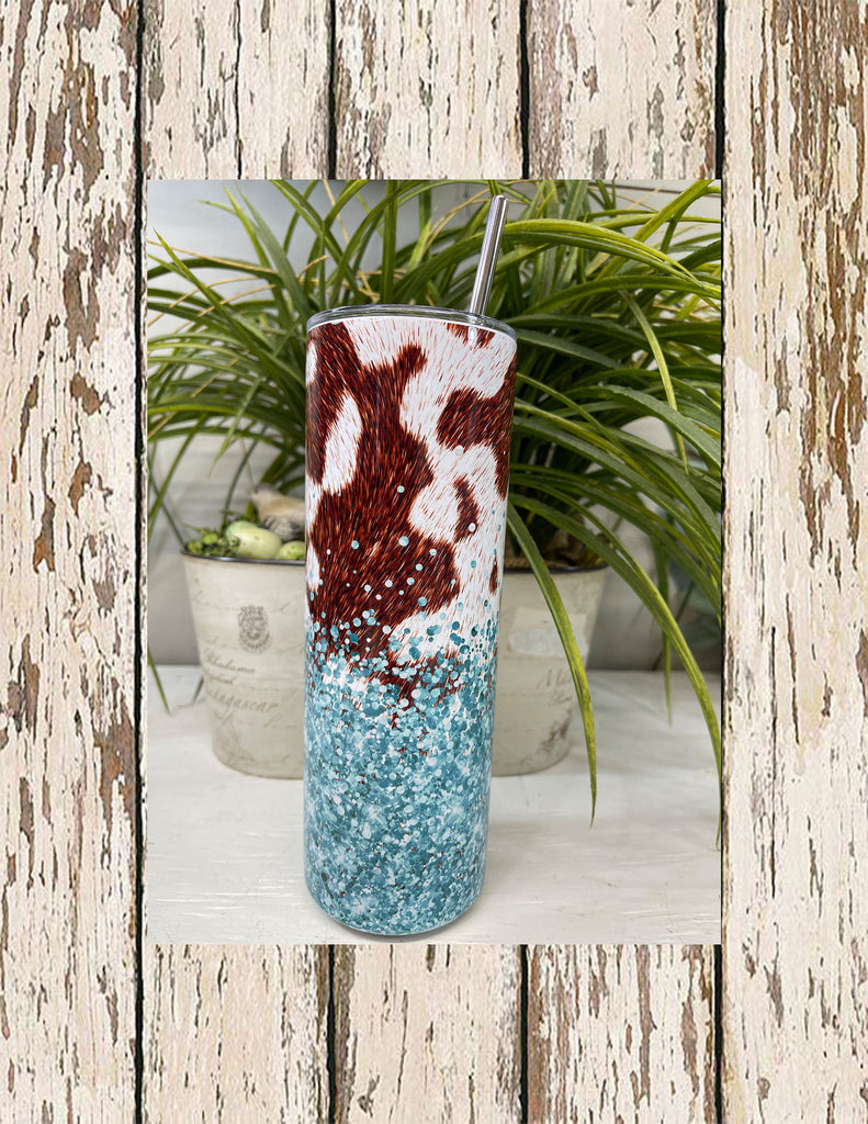 Western cowhide tumbler with blue glitter ombre slim/skinny 20 oz stainless steel tumbler with clear lid and stainless steel straw.
