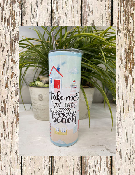 Pastel beach themed tumbler with houses "Take Me To The Beach" slim/skinny 20 oz stainless steel tumbler with clear lid and stainless steel straw.